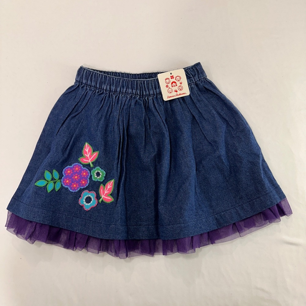 Hanna Andersson Girls Denim Skirt 110 Size 5 Floral‎ Embroidered Tulle Trim Blue